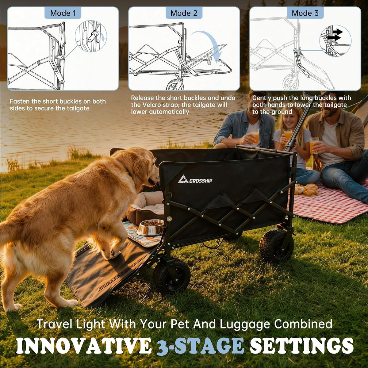 Folding Pet Wagon for Dogs - with Drop-Down Tailgate & Pet Pad