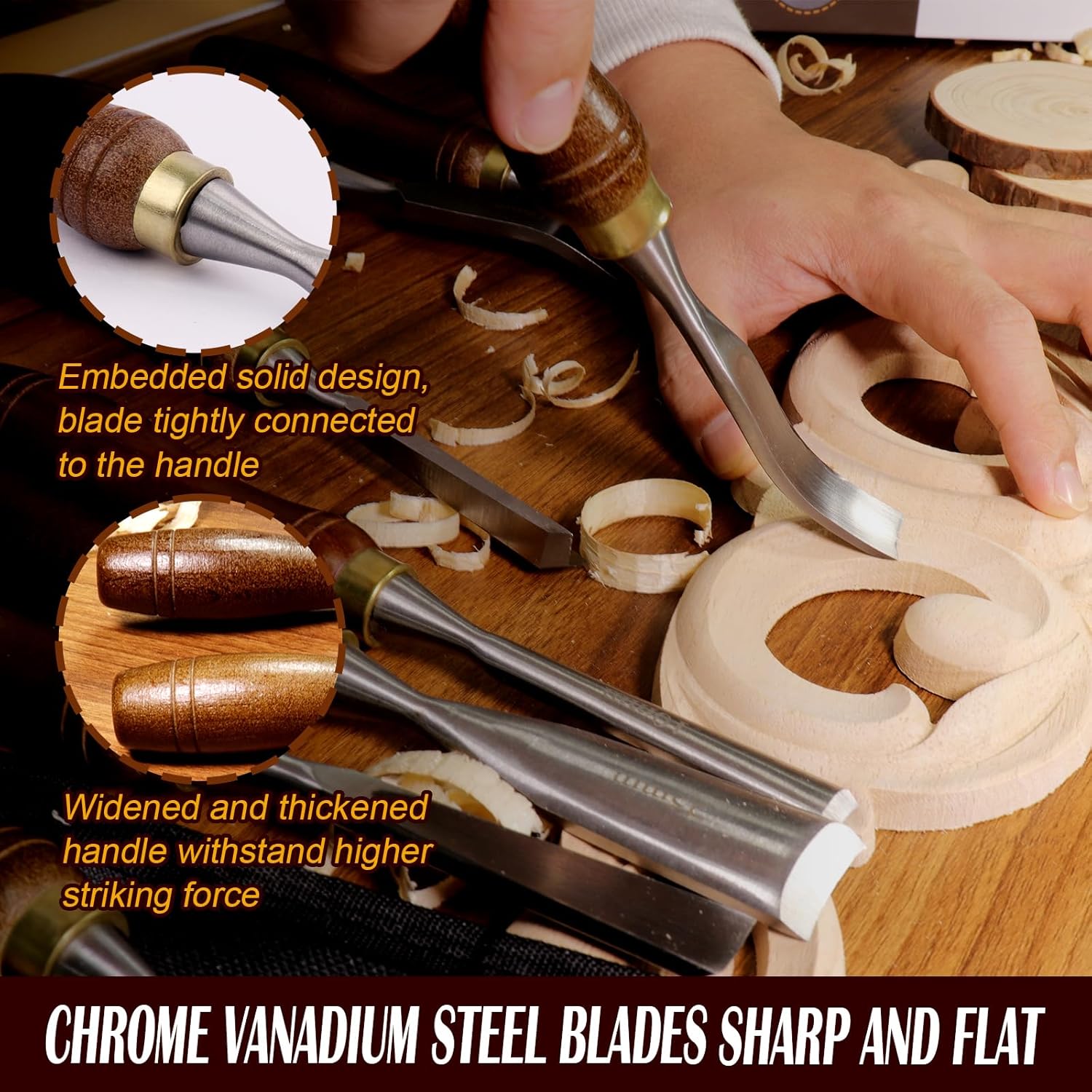 12-Piece Wood Carving Chisel Set - CR-V 60 Steel Multi-Shape Edge Gouges Carving tool for Woodworking Beginners and