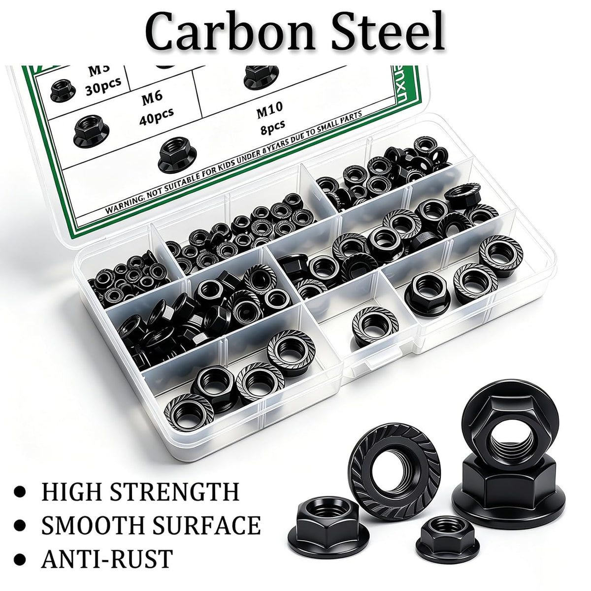 136PCS Hex Flange Nuts, Black Carbon Steel, 6 Metric Sizes M3-M10