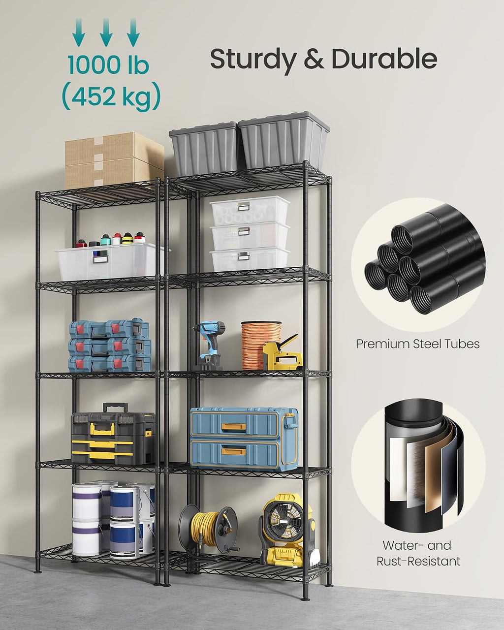 5-Tier Storage Shelves, Adjustable Wire Shelving Unit, 8 Hooks