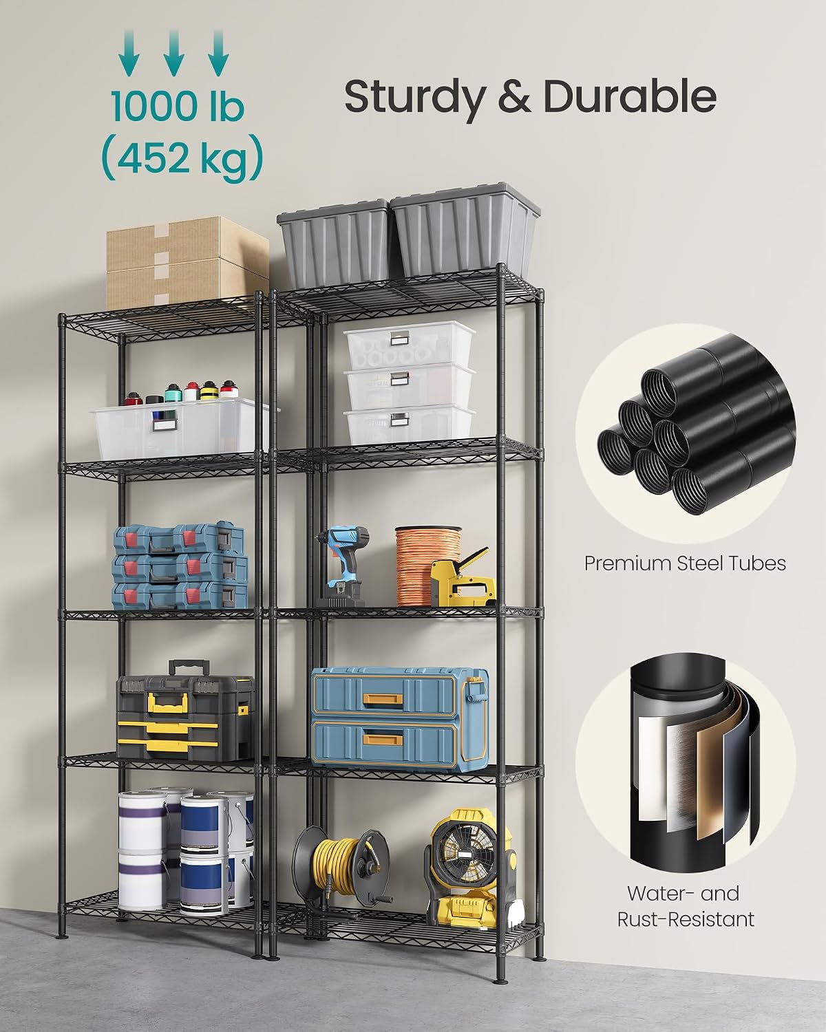 5-Tier Storage Shelves, Adjustable Wire Shelving Unit, 8 Hooks