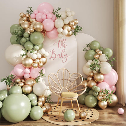 Sage Green Pink Gold Balloon Arch Kit, 128Pcs Sage Green Pastel Pink Light Pink Gold Sand White Balloons for Boho