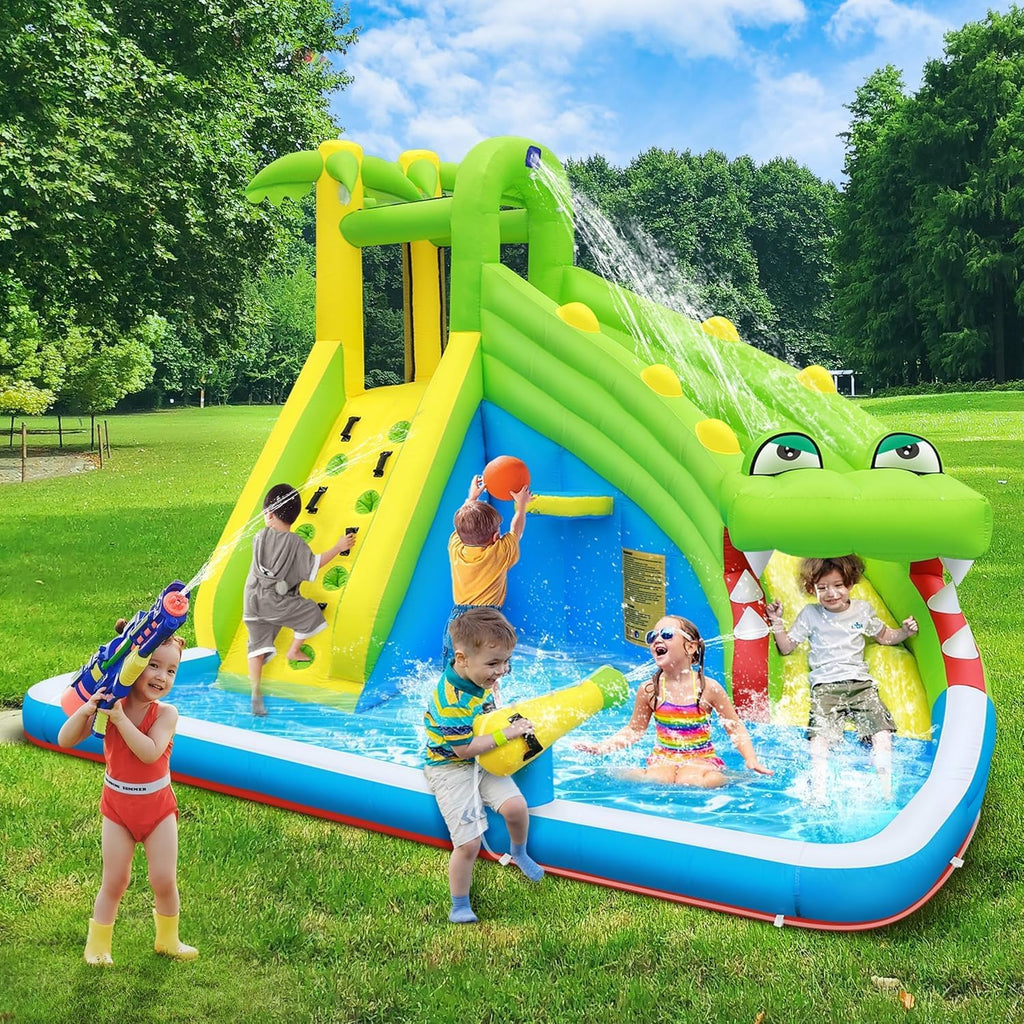 Inflatable Water Slide：5 in 1 Crocodile Bounce House Water Park for Kids - Climbing Wall Splash Pool Water Cannon
