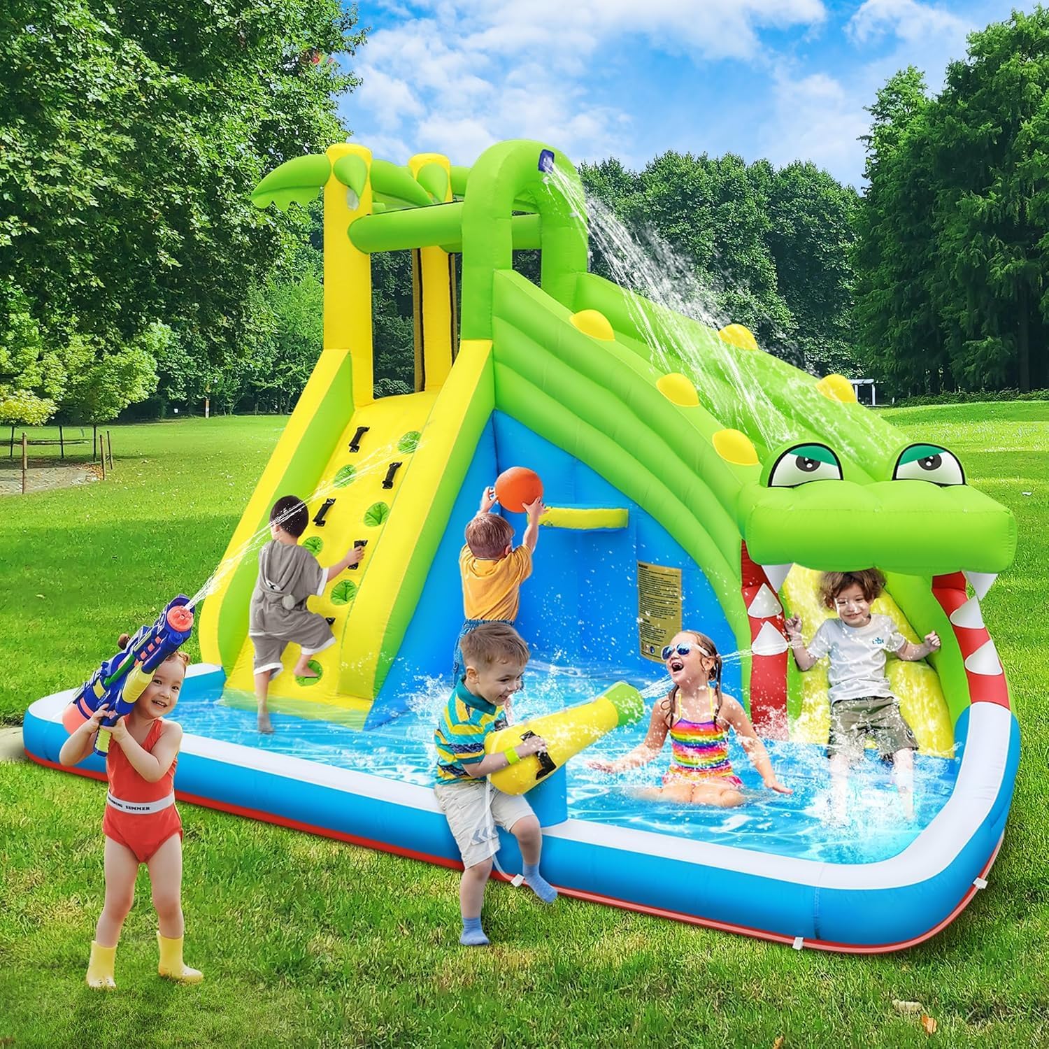Inflatable Water Slide：5 in 1 Crocodile Bounce House Water Park for Kids - Climbing Wall Splash Pool Water Cannon