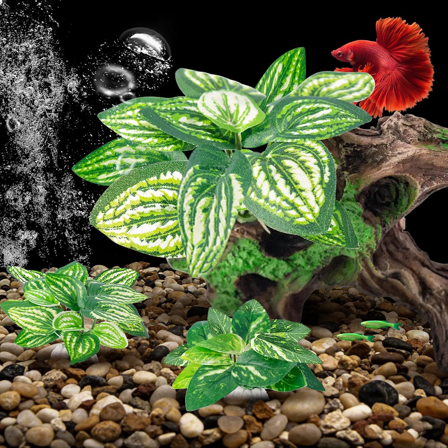 8 Pcs Fish Tank Decor，Silk Aquarium Plants Green Silk Leaf pad Hammock Artifical Driftwood cave Betta Fish Tank