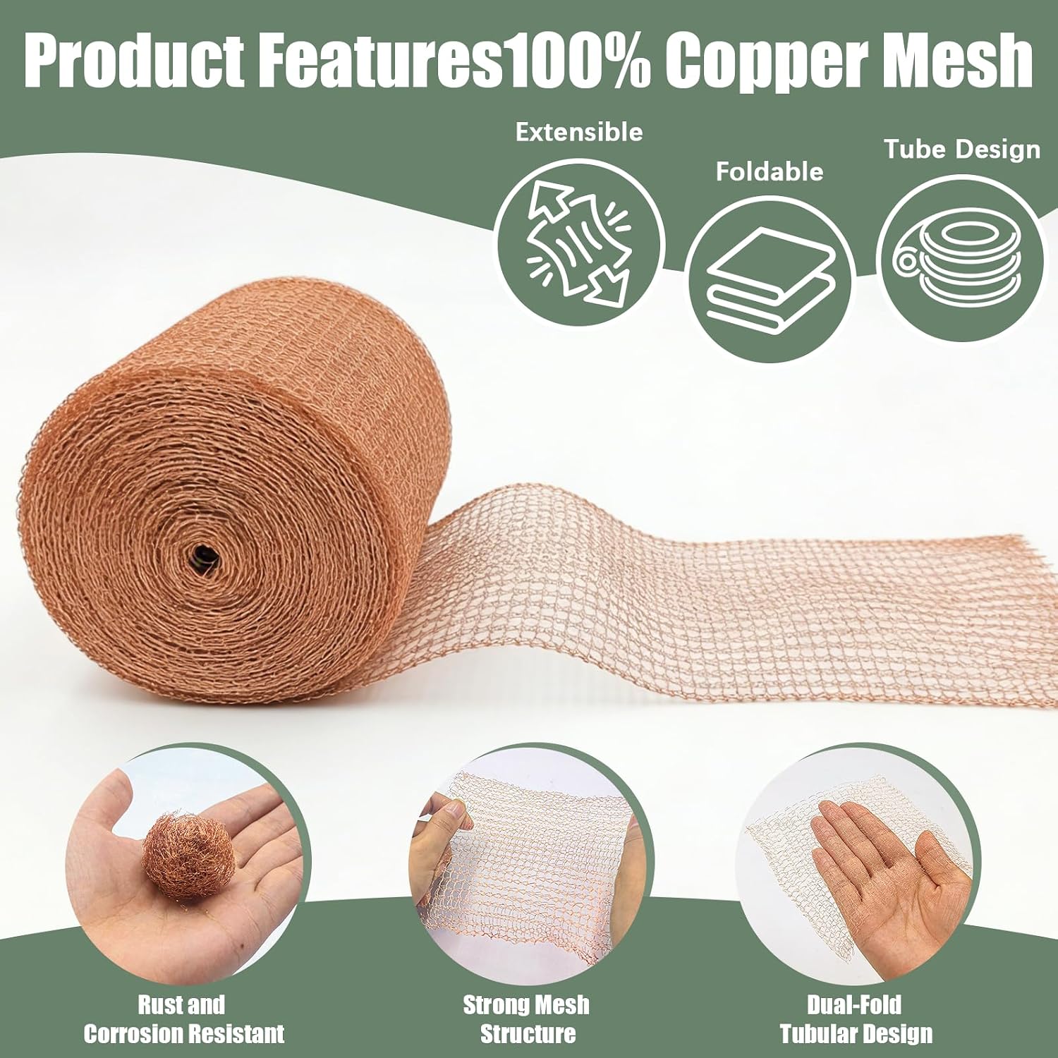 Copper Mesh Rodent Control, 5" x 100 ft Rustproof Copper Mesh Roll 100% Premium Copper Wool for Sealing Holes, Blocks