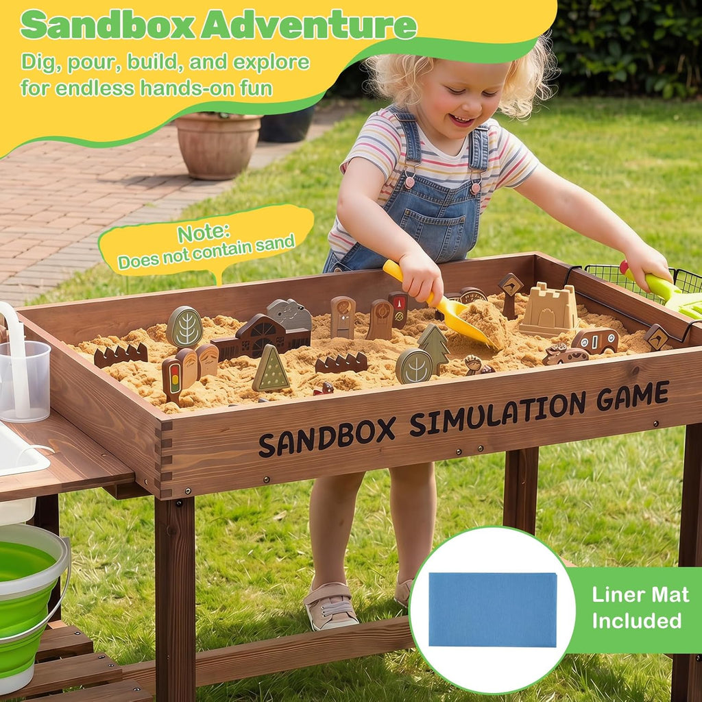 Sensory Table with Water Pump & Sink, Toddler Activity Table with 33 Sand Table Toys, Toy Bucket, Shovel & Rake