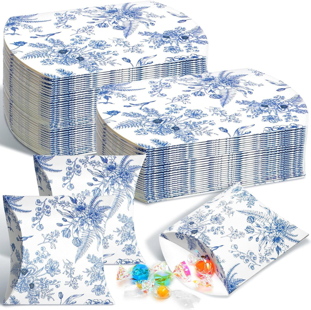 100 Pcs Wedding Favor Boxes Blue Floral Pillow Boxes