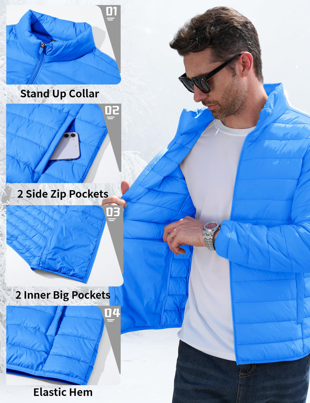 Winter Coats for Men Quilted Full Zip Puffer Jacket Blue 2XL