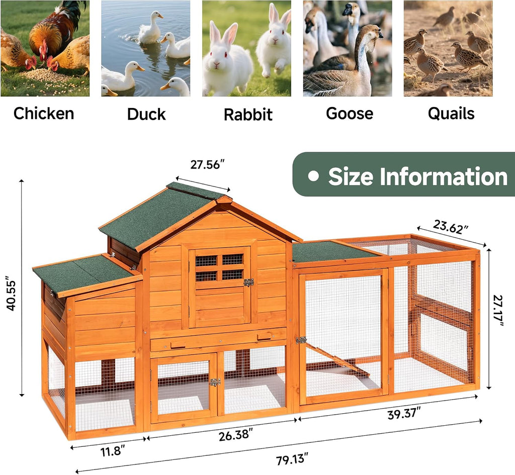 Large Chicken Coop Outdoor Wooden Duck Hen House Poultry Pet Cage 79"