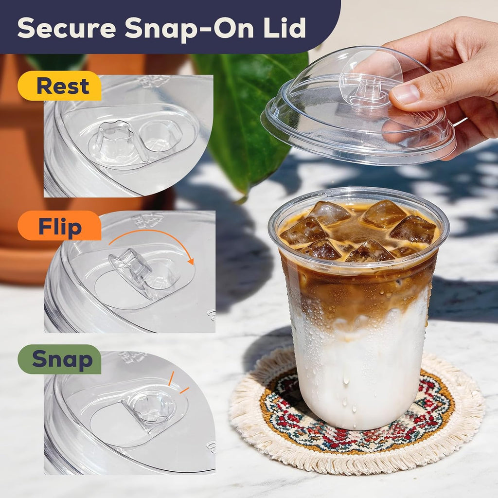 100 Pack 16 oz Round Bottom Clear Plastic Cups with Strawless Sip Lids, Disposable Iced coffee cups with lids