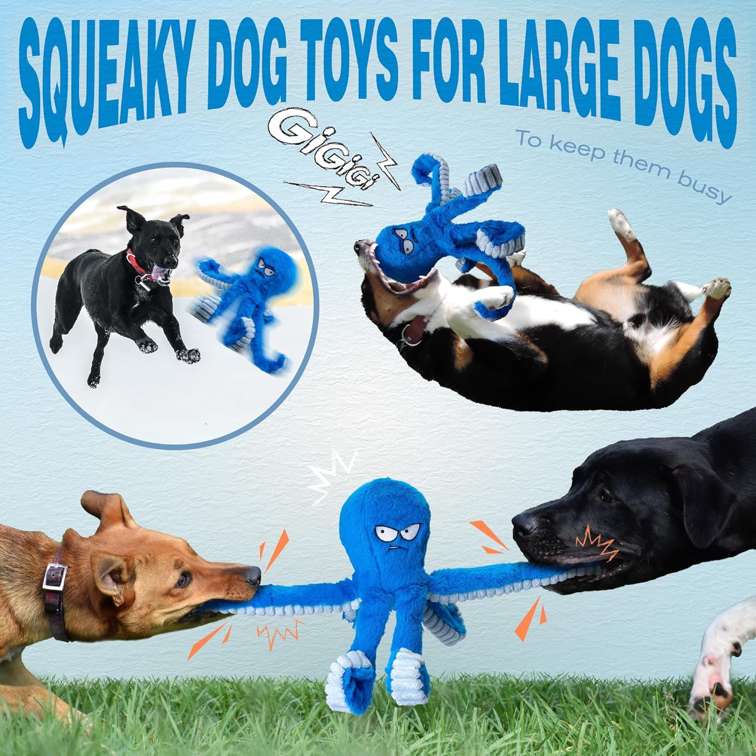 Tough Dog Toys, Stuffed Chew Large Dog Toys to Keep Them Busy, Interactive Squeaky Tug of War Doggie Toy, Crinkle
