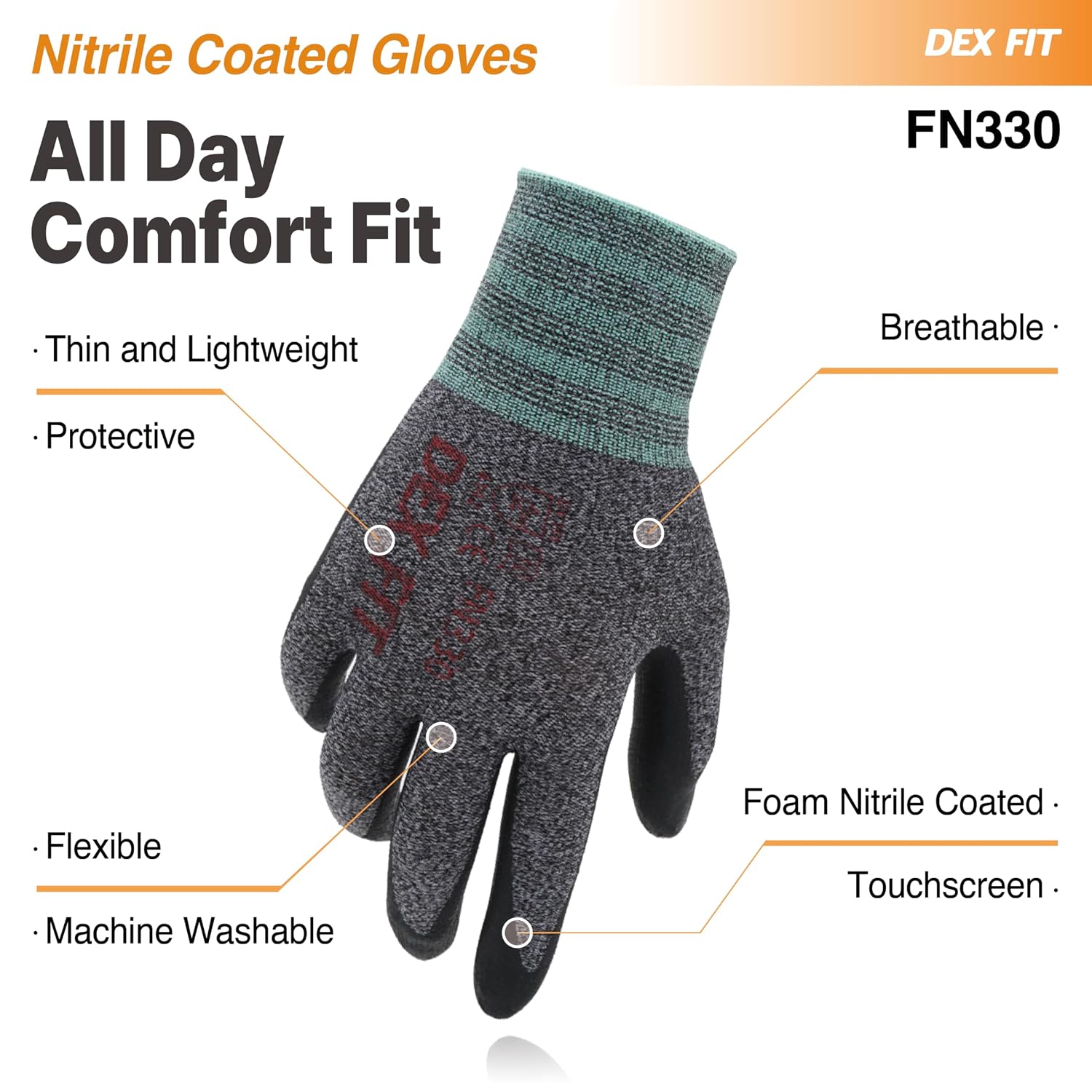 Nitrile Work Gloves FN330, 3 Pairs, 3D-Comfort Stretchy Fit, Firm Grip, Thin & Lightweight, Touch-Screen Compatible
