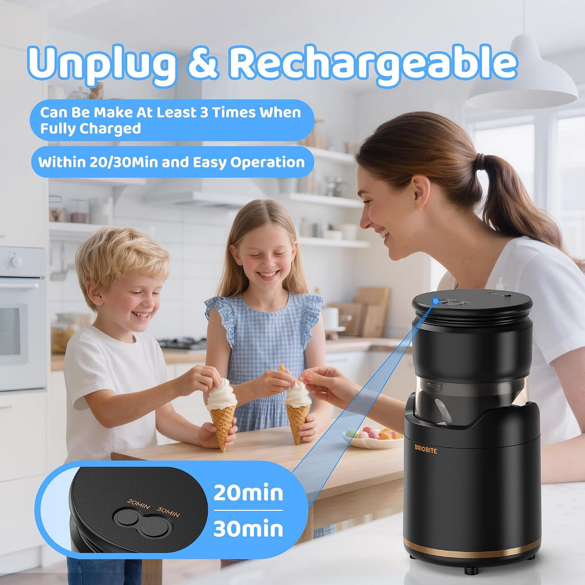 Ice Cream Maker Machine,Quiet,Rechargeable,1–2 Servings,Black