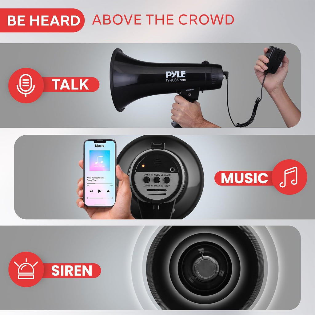 Megaphone Speaker PA Bullhorn - Built-in Siren 40 Watts Adjustable Vol Control & 1000 Yard Range - Football Soccer