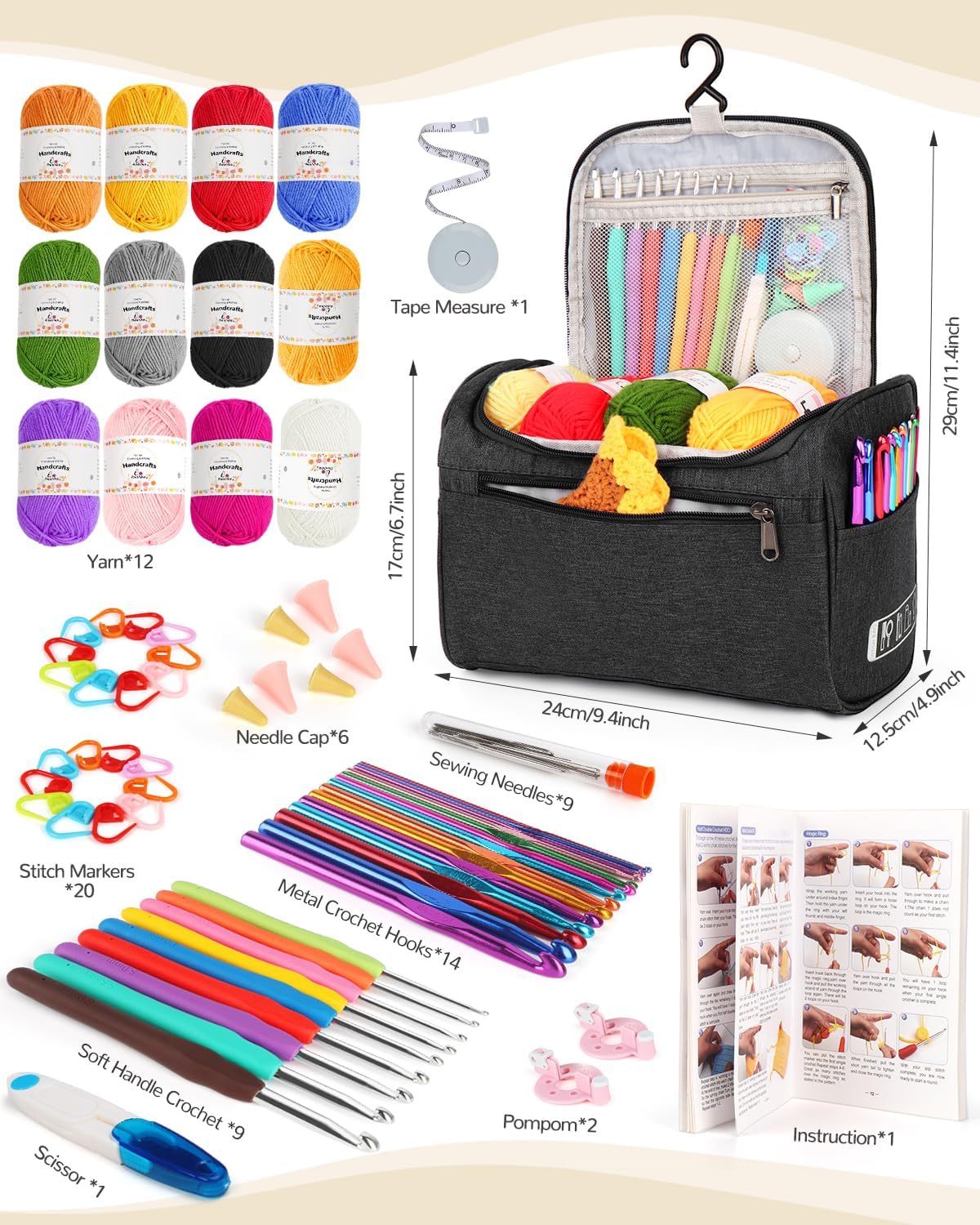 Crochet Kit for Beginners Young and Old, First Crochet Kit for Adults Include 23pcs Crochet Hooks, 655 Yards Yarn Set