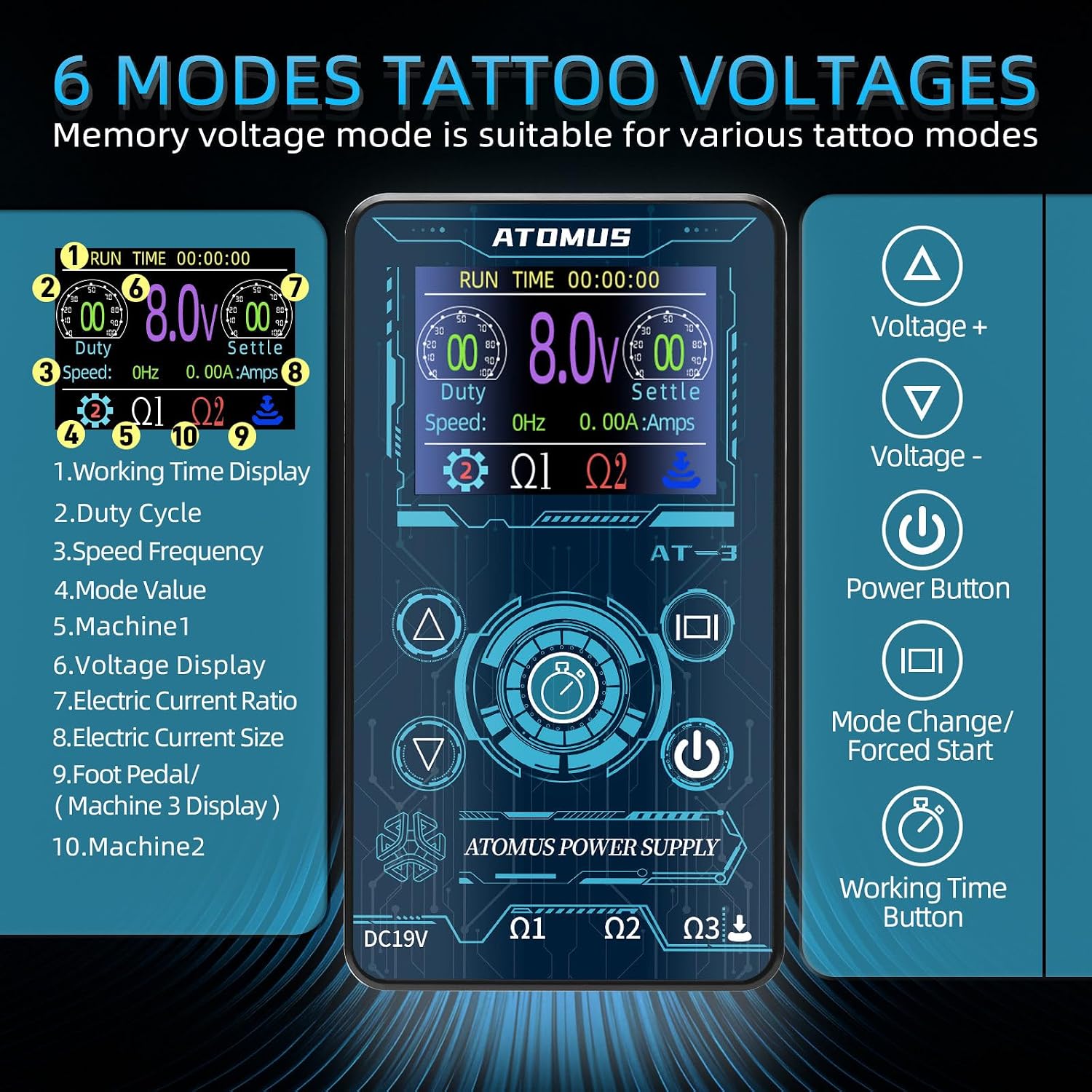 Tattoo Power Supply Touch Screen Digital LCD Power Supply with Clip Cord Foot Pedal Connection Port for Tattoo Machines