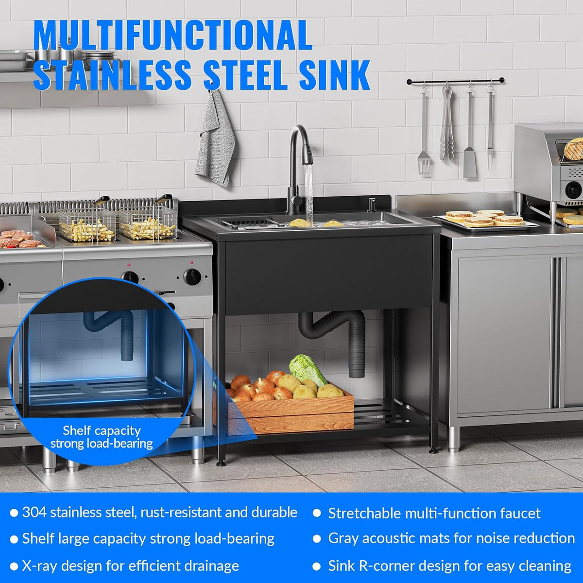 Stainless Steel Utility Sink, 36.6" × 24.2" × 36.6" Freestanding Sink with Cold and Hot Water Faucet, Hoses and Drain