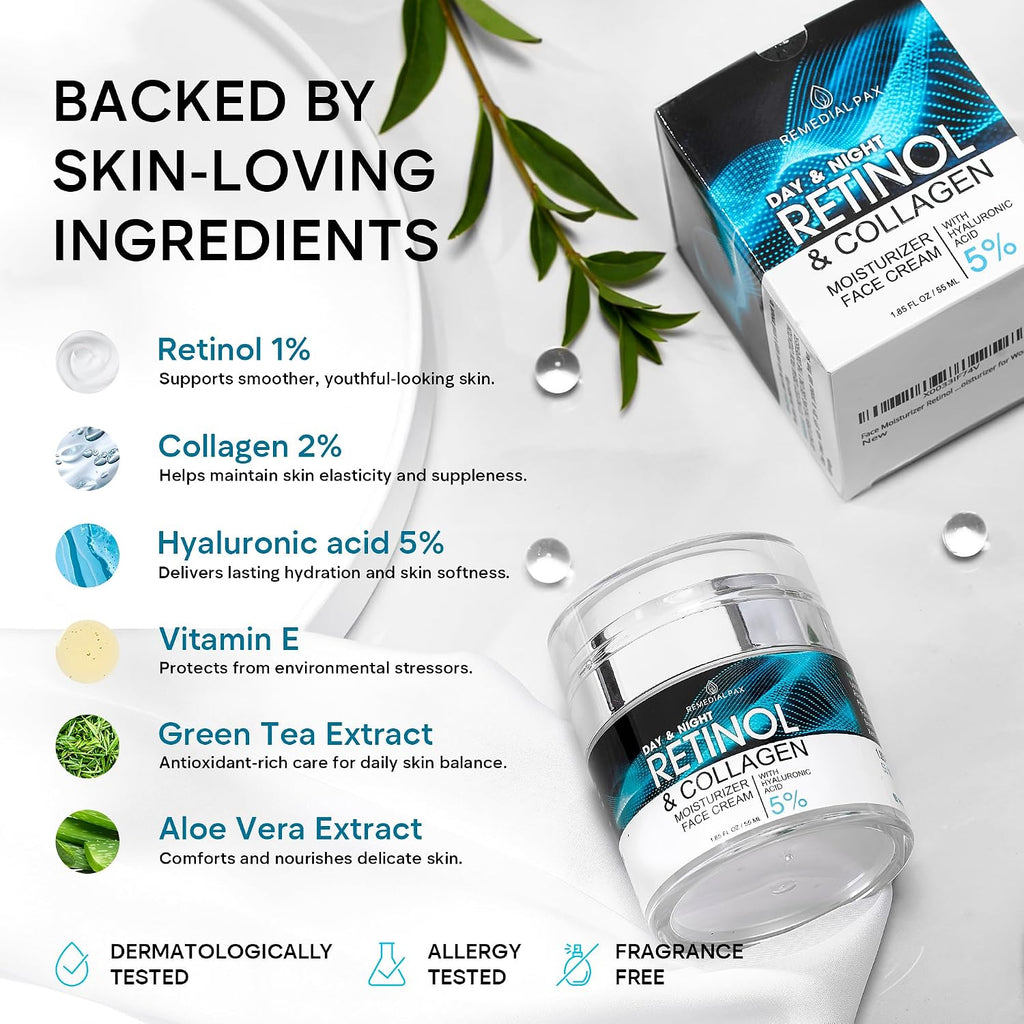 Face Moisturizer Retinol Cream, Anti Aging Neck Firming Cream, Collagen Day & Night Face Cream with Hyaluronic Acid