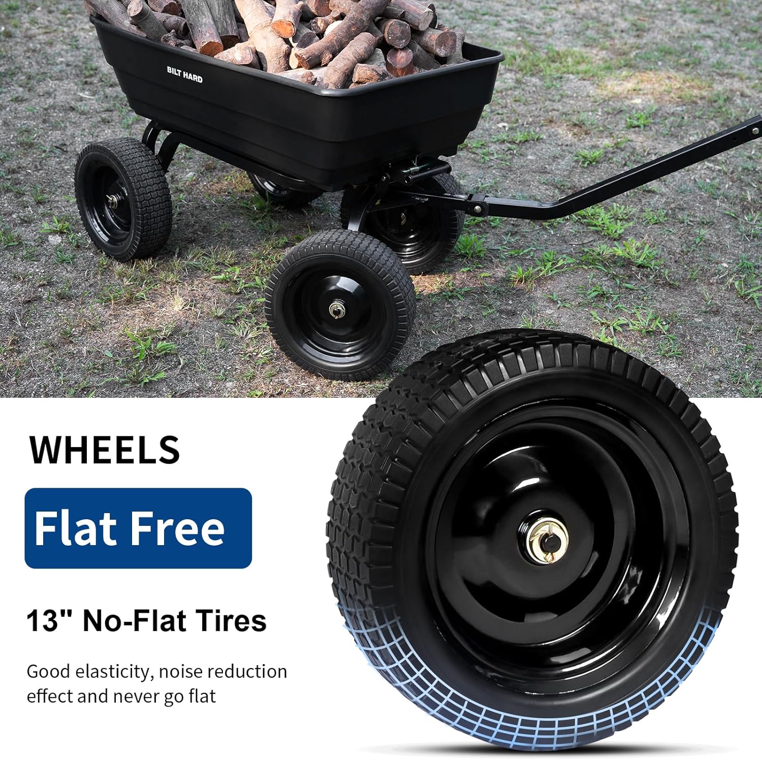 Poly Garden Dump Cart 1200 lbs with No Flat Tires, Quick Release, 2-in-1 Convertible Handle, 7 Cu Ft Dump Wagon Heavy