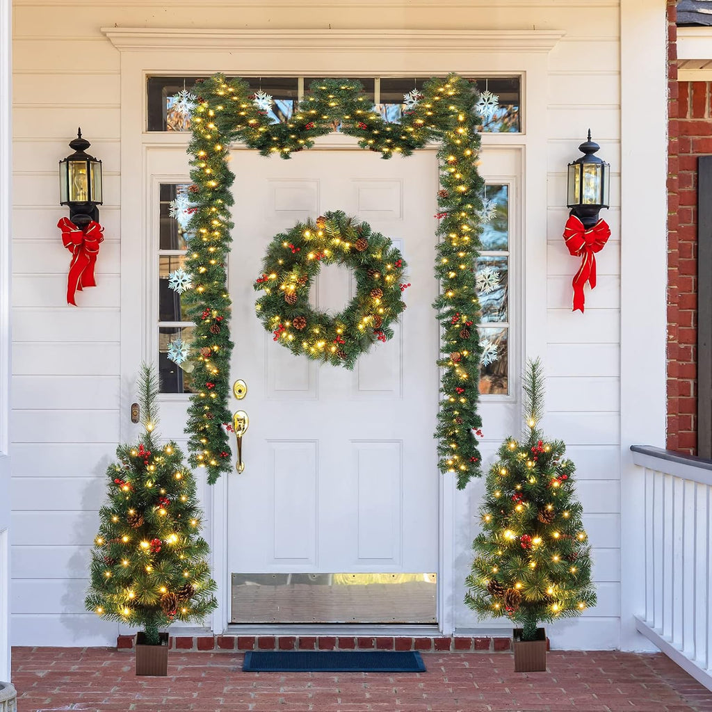 Pre-lit Christmas Tree 5-Piece Set with LED Lights, Christmas Garlands, Wreath and Set of 2 Entrance Trees Artificial