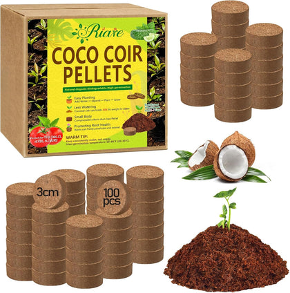 100 Pcs 30mm Organic Coco Coir Seed Starter Soil, Compressed Coconut Coir Potting Soil Mix for Seed Starting, Coconut