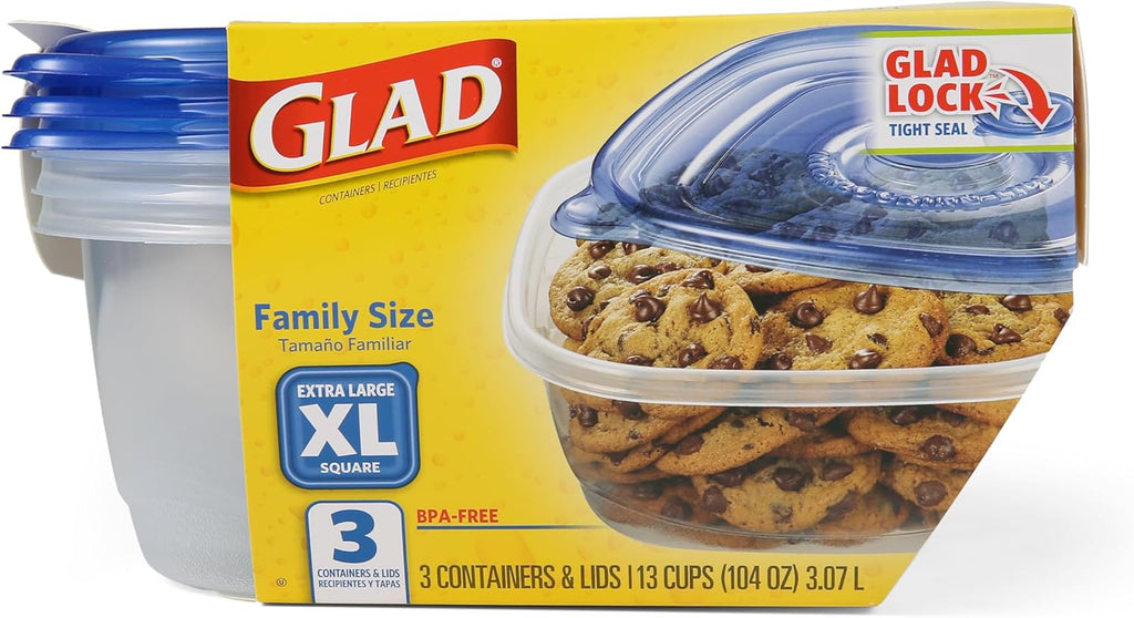 GladWare XL Square Food Storage Containers with Lock Tight Lids, BPA-Free Family Size Plastic Containers for