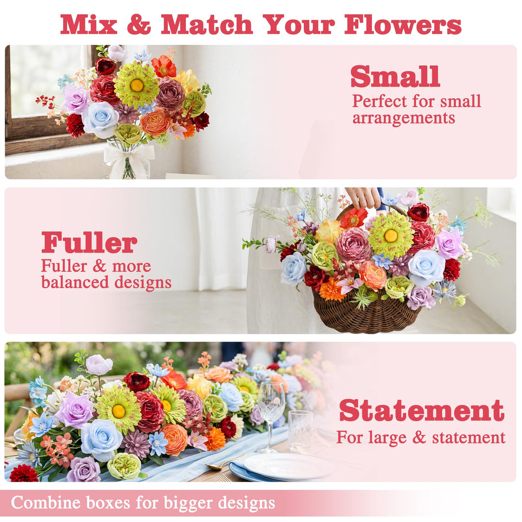 Artificial Flower Box, 38PCS Silk Floral Stems, Multi Color