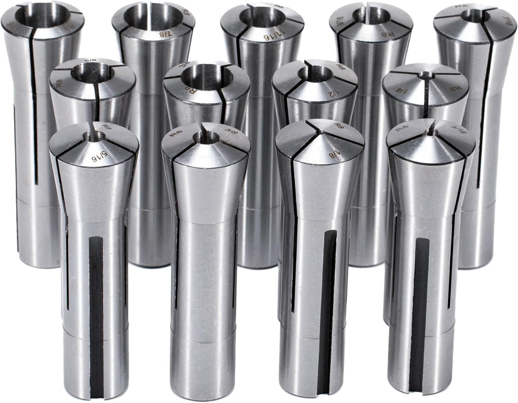 Precision R8 Collet Set, 13pcs, 1/8" to 7/8" Carbon Steel, Mill Collet Set, 7/16"-20 Thread, for Milling & Mill Chuck Holder
