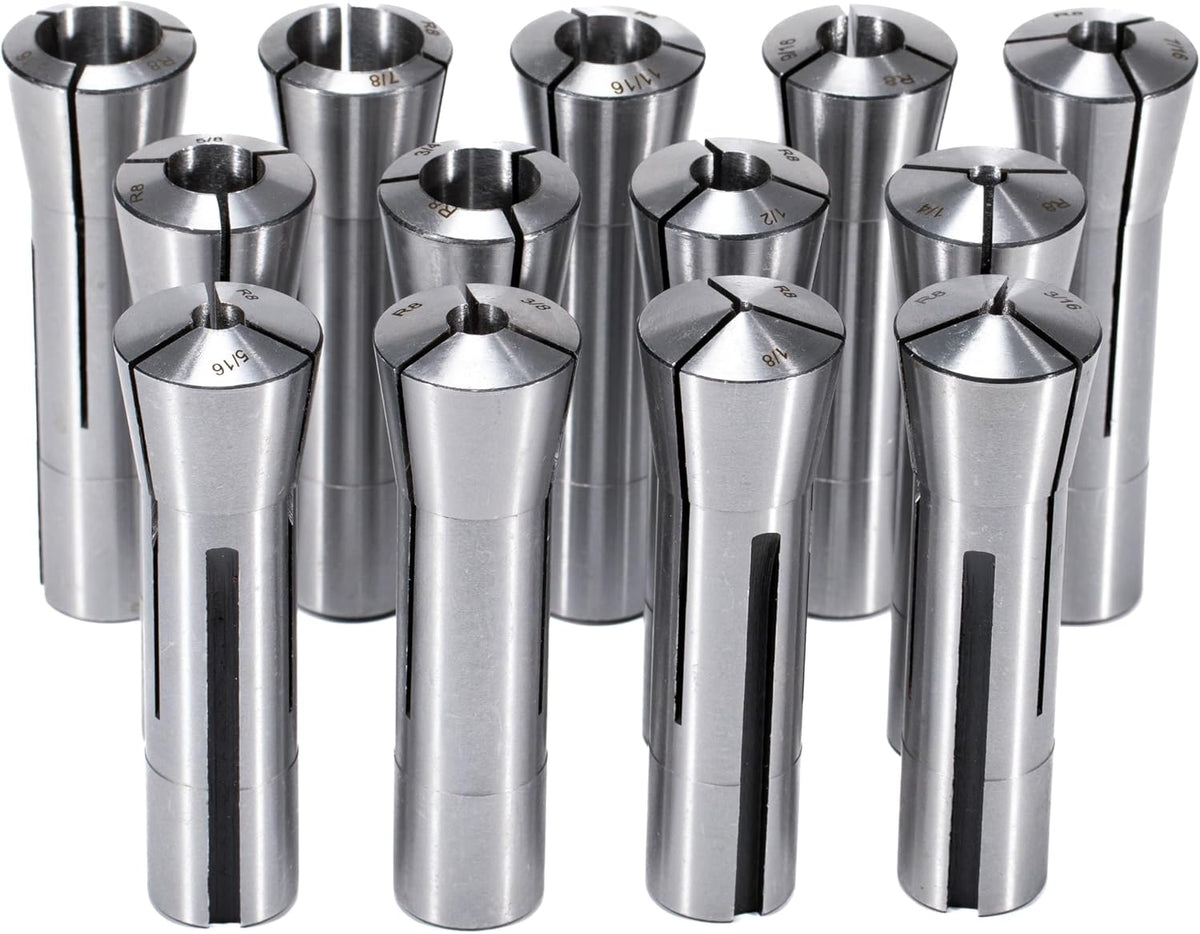 Precision R8 Collet Set, 13pcs, 1/8" to 7/8" Carbon Steel, Mill Collet Set, 7/16"-20 Thread, for Milling & Mill Chuck Holder