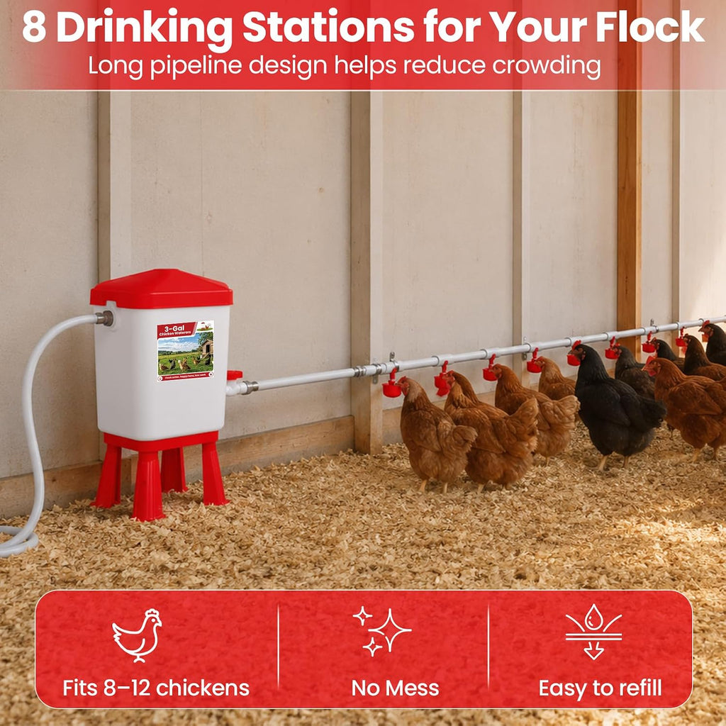 Complete Set Pipeline Automatic Chicken Waterer System, 3 Gallon Poultry Waterer with 8 Drinking Cups, 8 Nipples, 47"