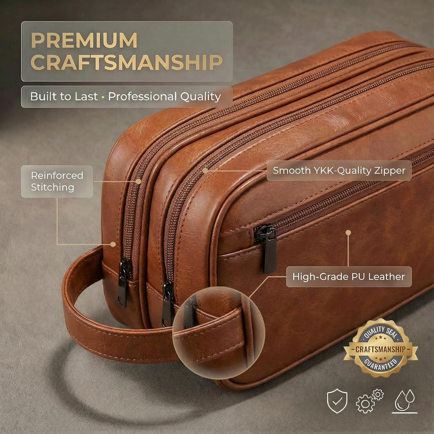 Men’s Toiletry Bag Travel Dopp Kit – double-deck PU Leather Water-Resistant Shaving Organizer Large Capacity, Double
