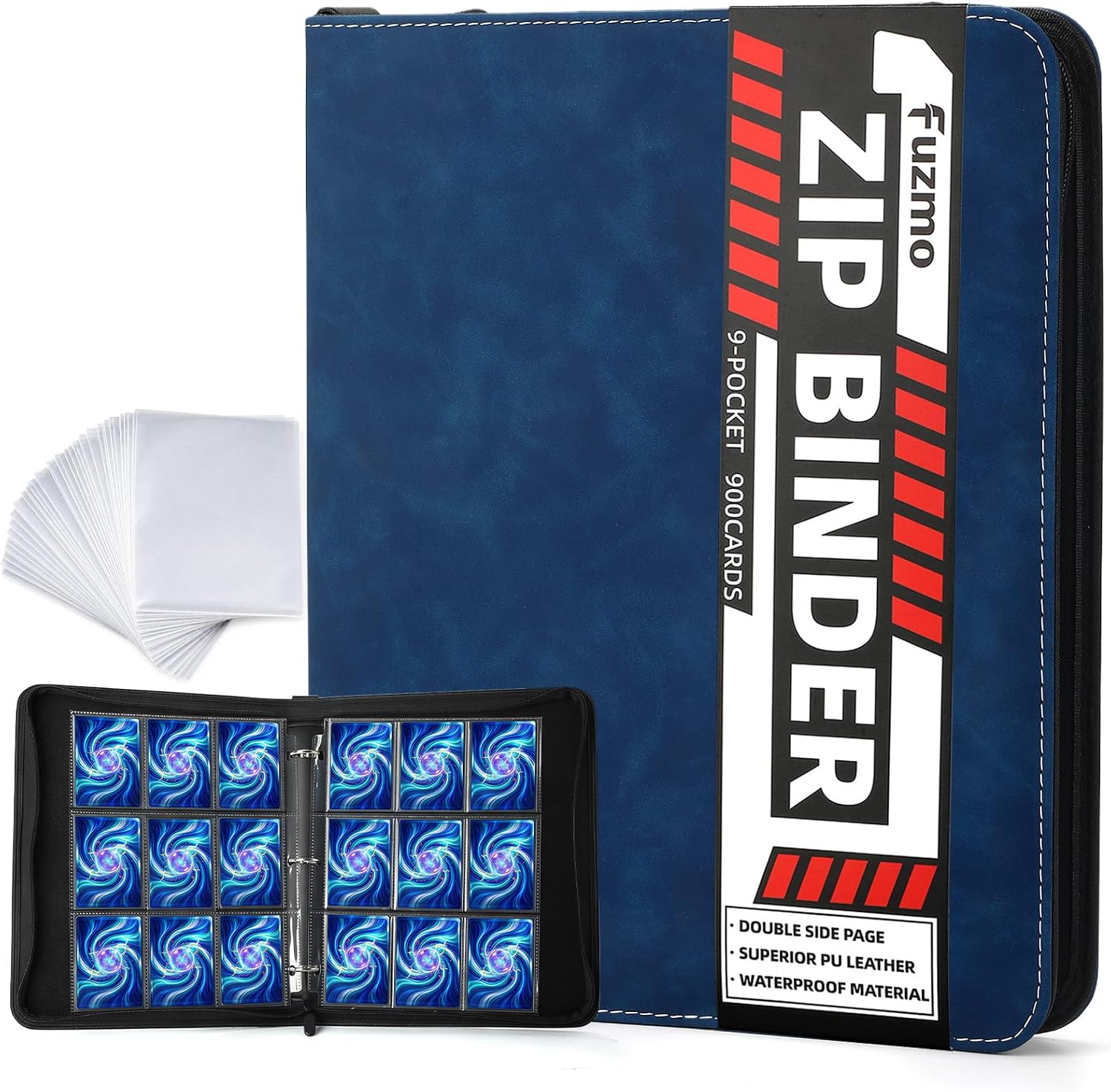 9 Pocket Trading Card Binder, 900 Cards Zip Album, Blue | 50 Pcs Double Sided Sleeves, 3 Rings, Card Collection for