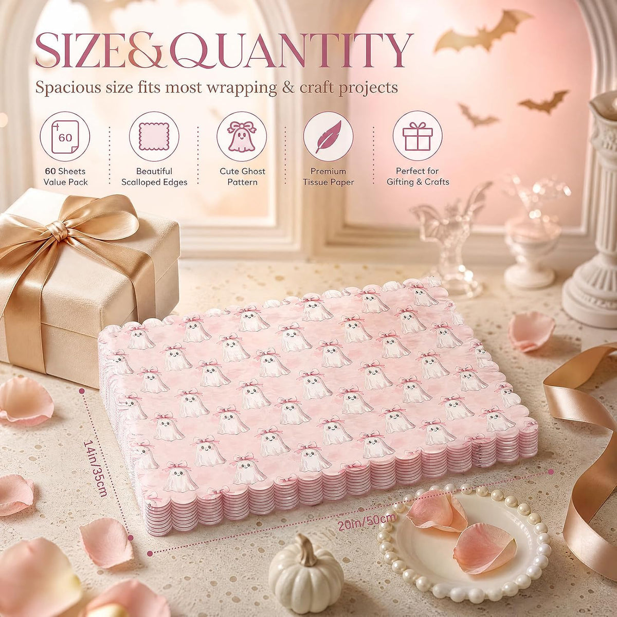 60 Sheets Pink Halloween Scalloped Edge Tissue Paper, Pink Bow Cute Ghost Pattern Art Crafts Paper for Halloween Baby