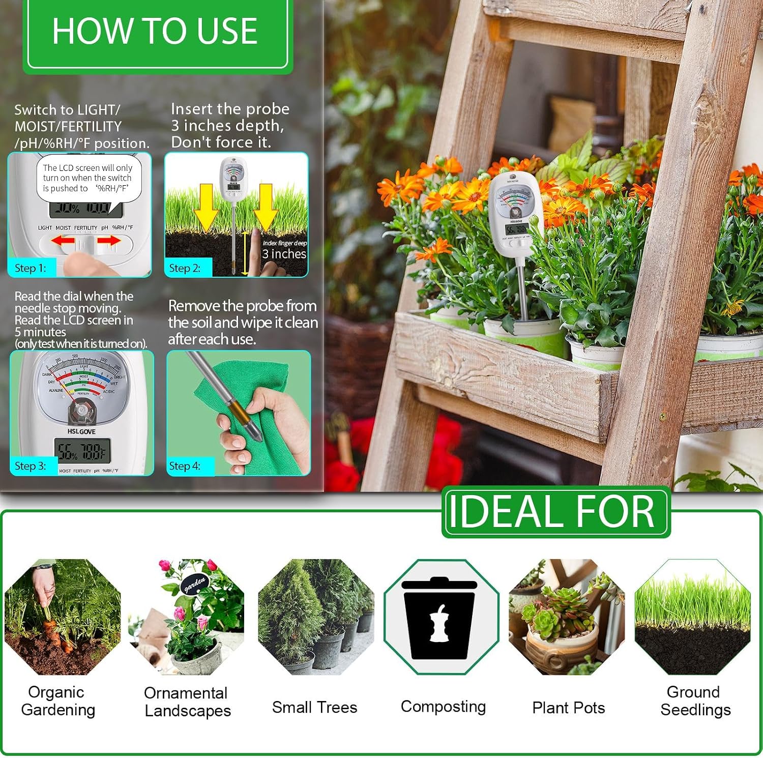 Soil Test Kit, 7-in-One Soil Moisture Meter/Soil PH Meter/Fertility, Dual Screen Soil Tester w/Digital Soil Temp/Air