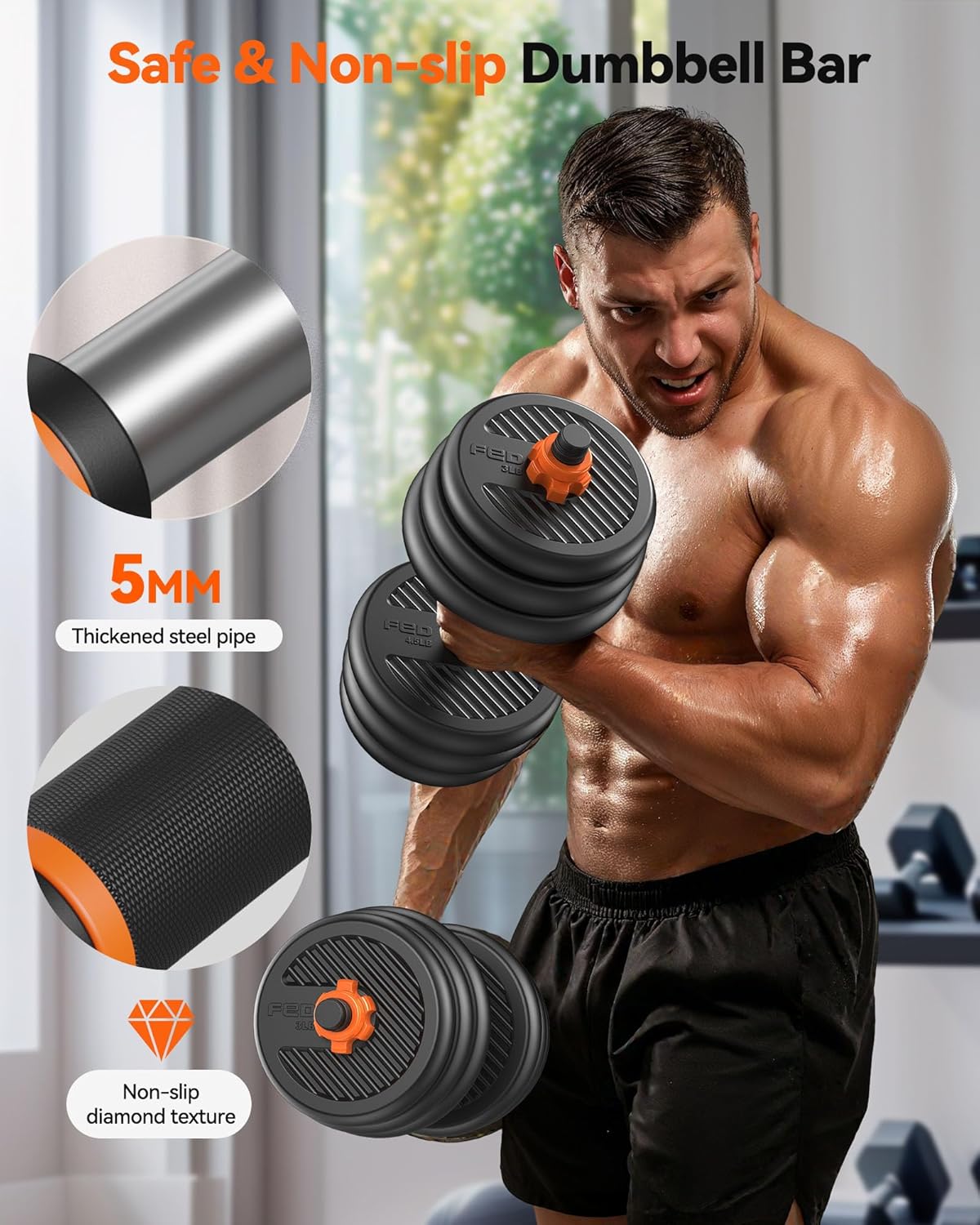 DS2 Adjustable Dumbbells, 20/30/40/45/70/90lbs Free Weight Set with Connector, 5 in1 Dumbbells Set Used as Barbell
