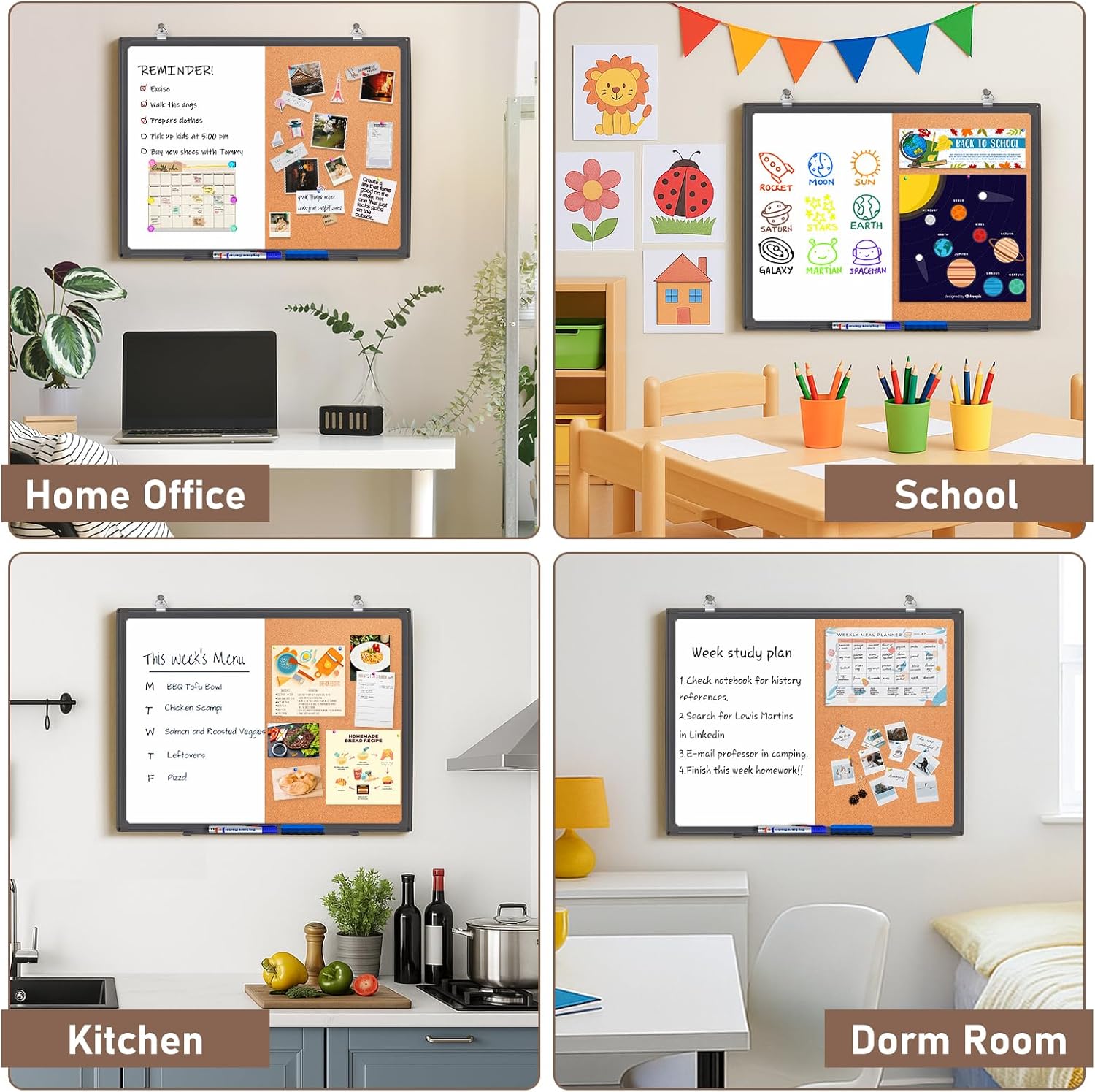 Combination White Board & Bulletin Cork Board 24 x 18 Whiteboard Magnetic, Combo Dry Erase Board with Black Aluminum