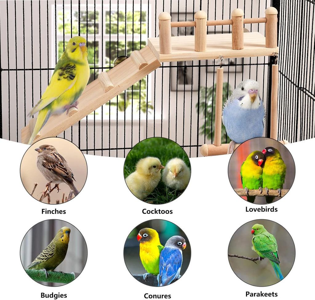 Bird Perches Platform Swing with Climbing Ladder, Parakeet Cage Accessories Wooden Playing Gyms Exercise Sturdy for