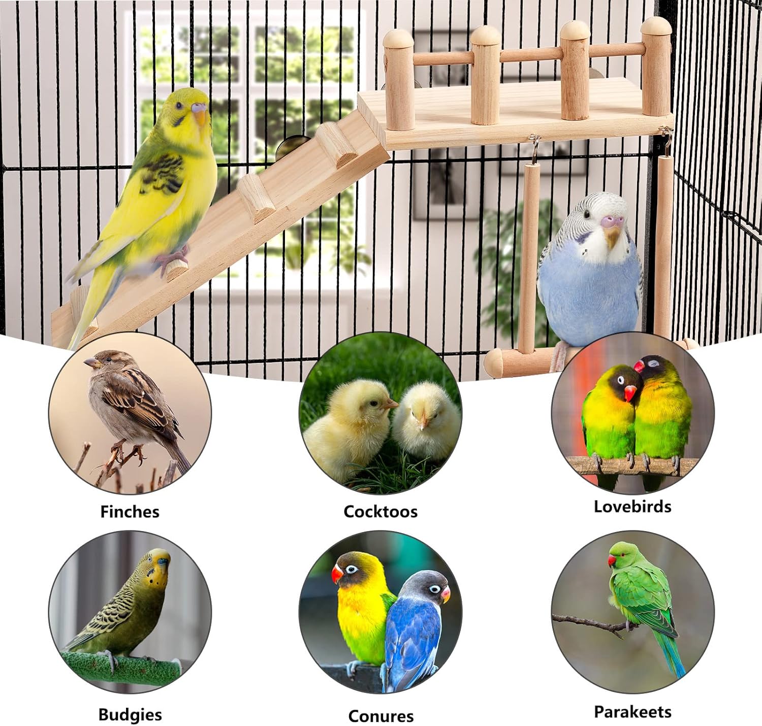 Bird Perches Platform Swing with Climbing Ladder, Parakeet Cage Accessories Wooden Playing Gyms Exercise Sturdy for