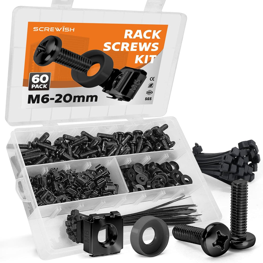 M6 x 20mm Rack Screws Kit, Cage Nuts, 60 Sets, Black