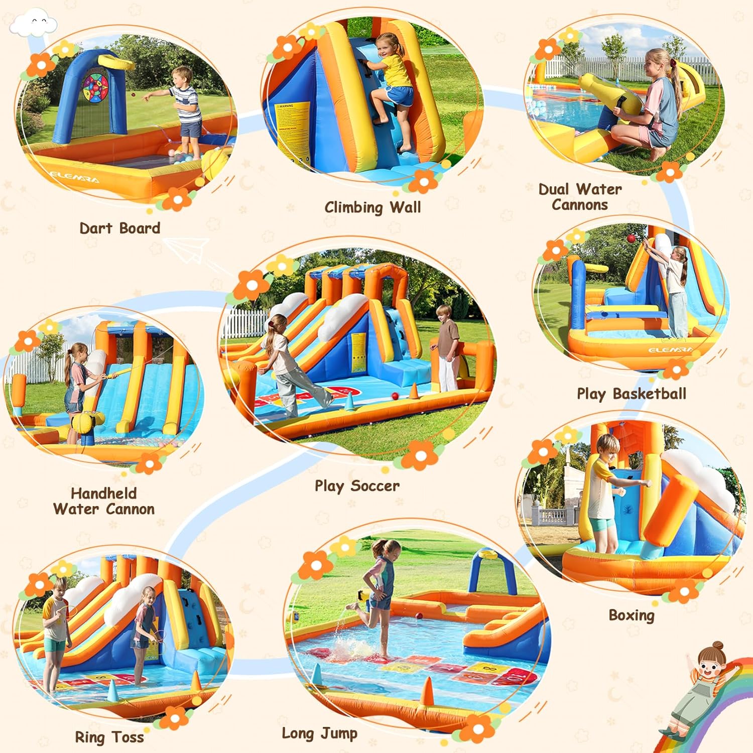 12 in 1 Inflatable Water Slide, 950W Blower, Bounce House for Big Kids, 3 Long Slides, Climbing Wall, Digital