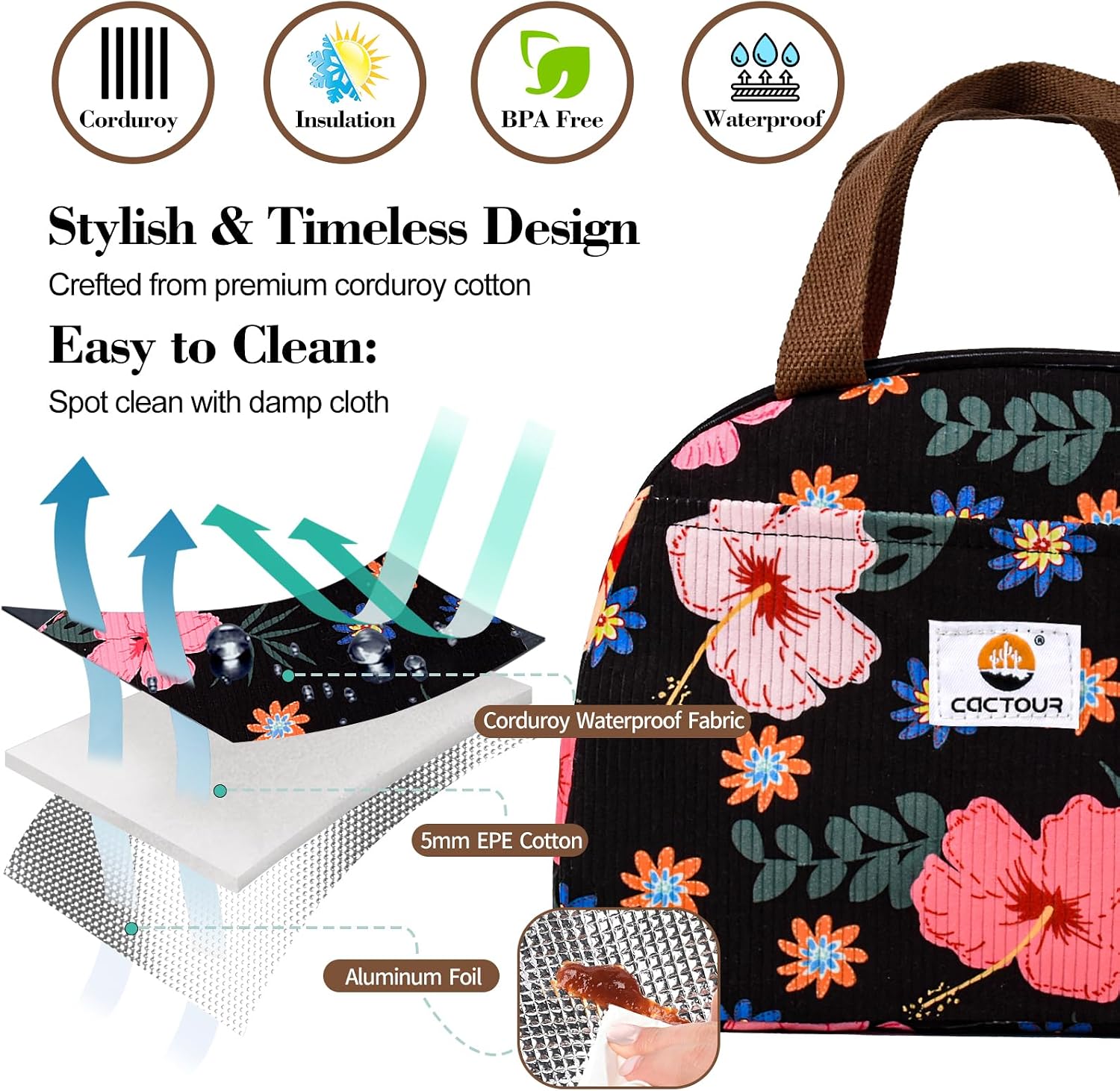 Lunch Box for Women Girls Teens,Cute Lunch Box Cooler Bag, Portable Insulated Small Lunch Bag Women Reusable Corduroy