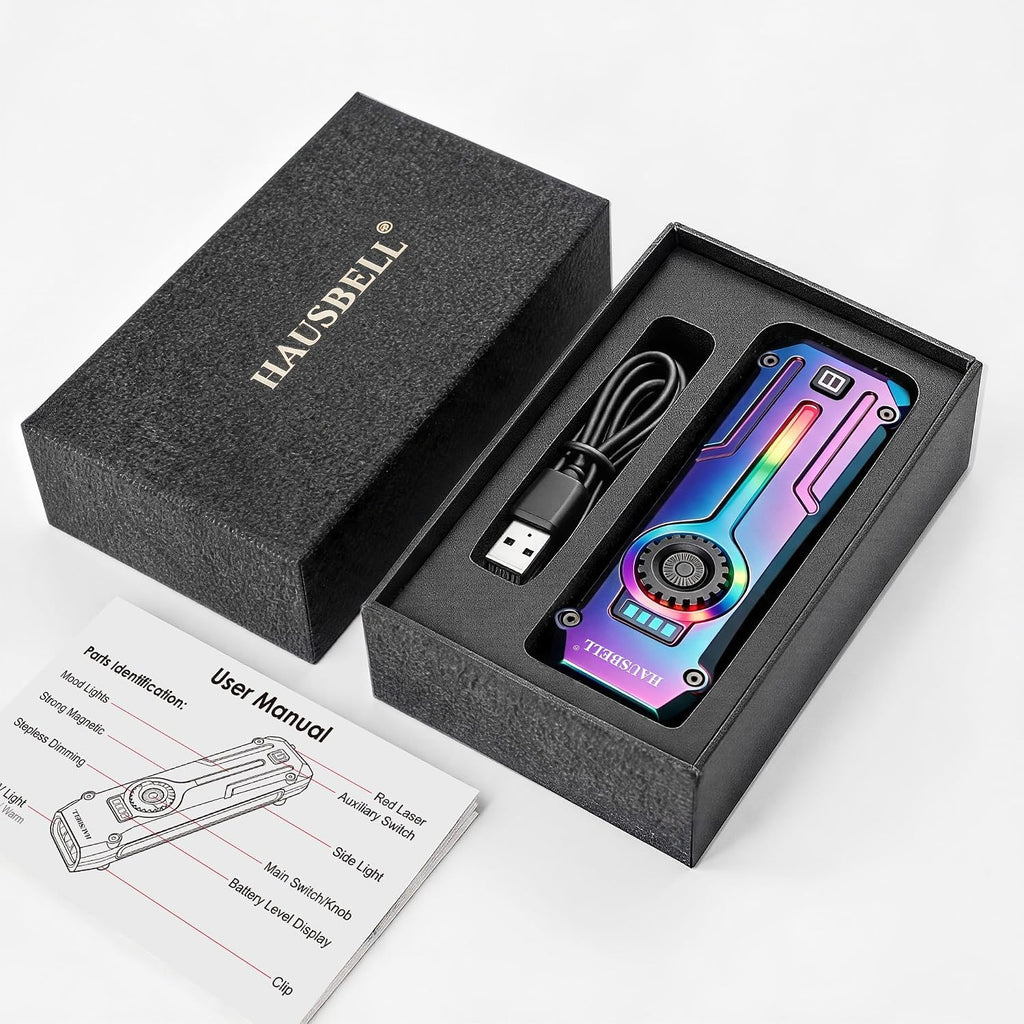 Flat EDC Rechargeable Tactical Flashlight, UV Magnetic LED Small Work light | HAUSBELL 1800 Lumens Pocket Stepless