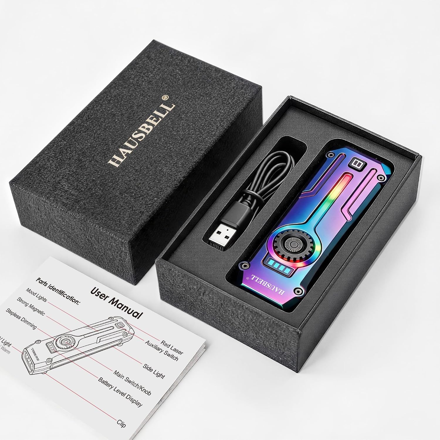Flat EDC Rechargeable Tactical Flashlight, UV Magnetic LED Small Work light | HAUSBELL 1800 Lumens Pocket Stepless