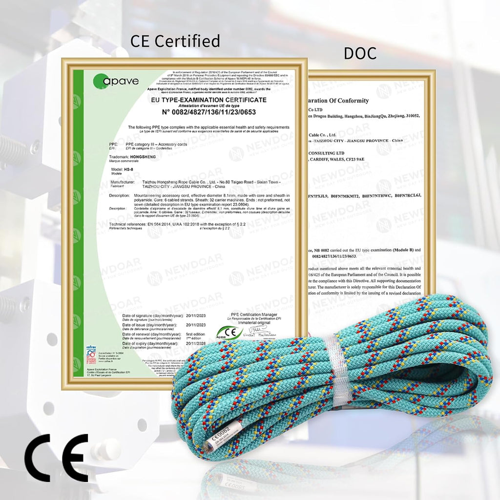 CE & UIAA Certificated 5/16(8mm) Static Climbing Rope 14KN High Strength Accessory Cords 33FT/66FT/98FT/165FT Safety