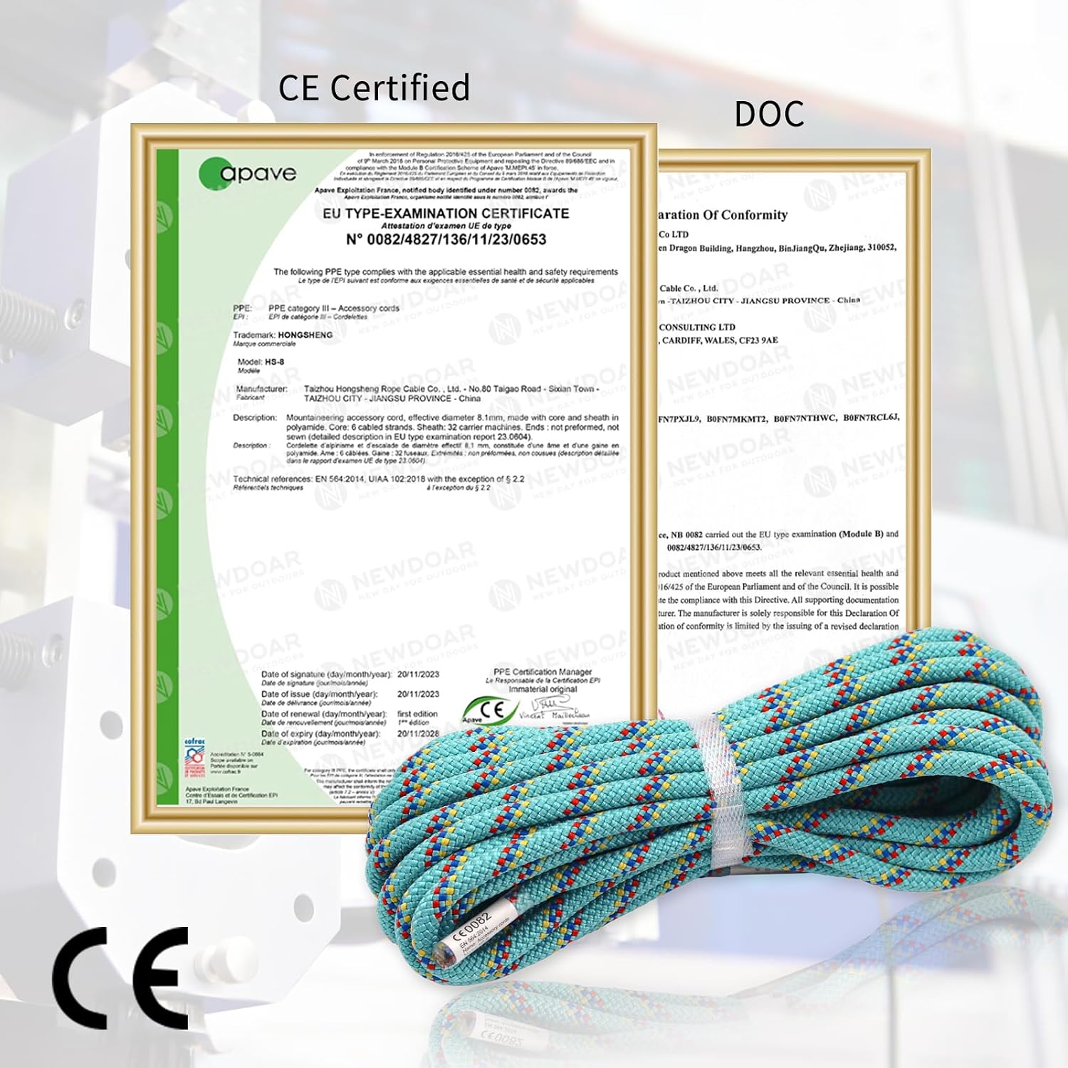 CE & UIAA Certificated 5/16(8mm) Static Climbing Rope 14KN High Strength Accessory Cords 33FT/66FT/98FT/165FT Safety