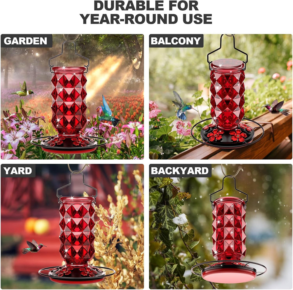 Glass Hummingbird Feeders for Outdoors Hanging, 25Oz Bird Nectar Feeder with Perch & 5 Flower Feeding Ports Leak