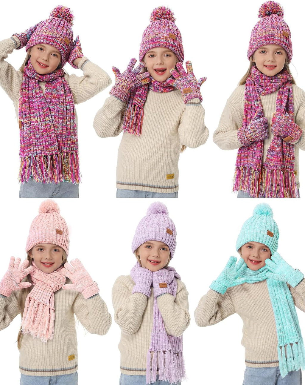 Kids Winter Hat Gloves Scarf Set, Valentines Gift for Girl Boy Toddler w/Fleece Lined Pom Beanie Warmer Scarf Mittens
