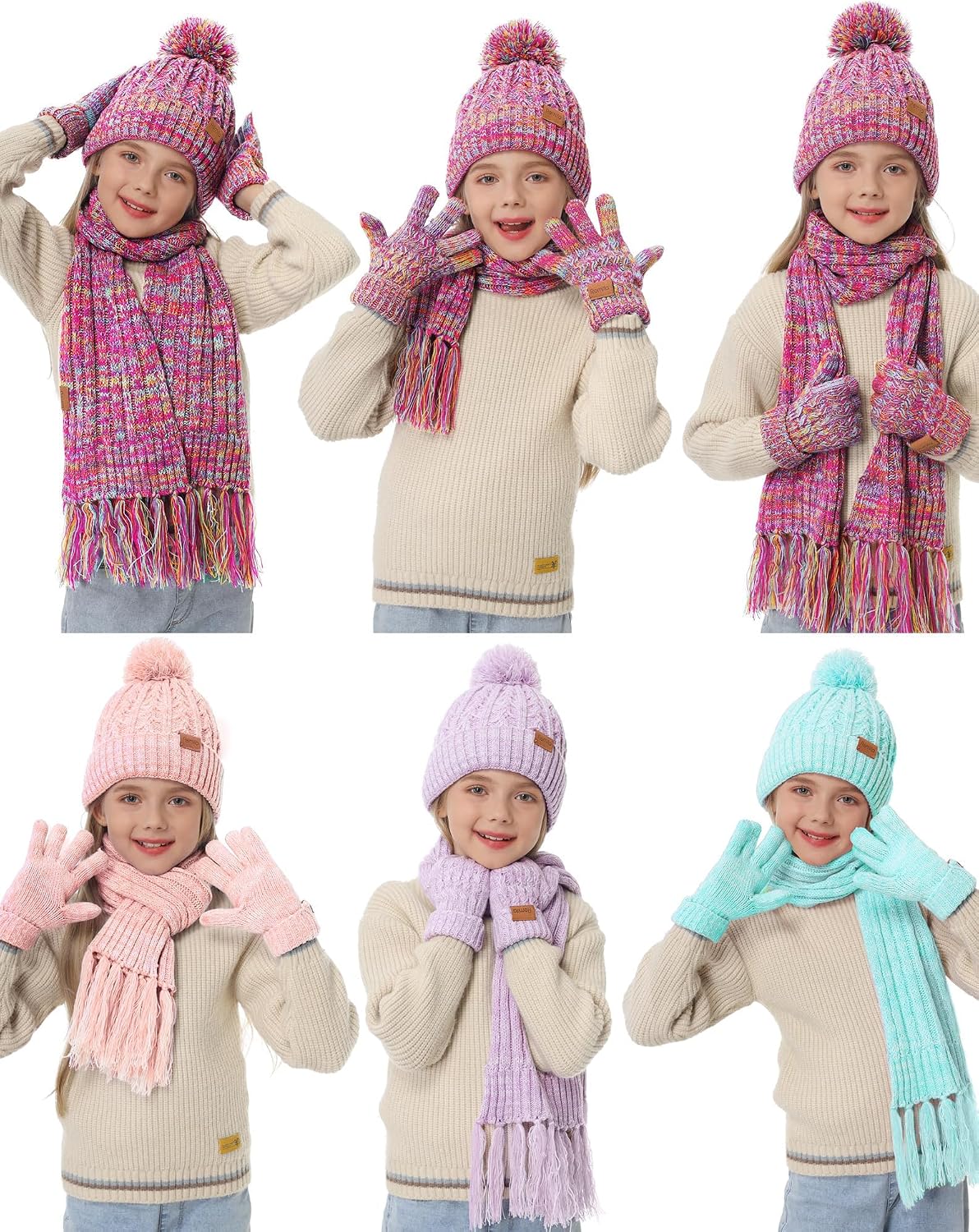 Kids Winter Hat Gloves Scarf Set, Valentines Gift for Girl Boy Toddler w/Fleece Lined Pom Beanie Warmer Scarf Mittens