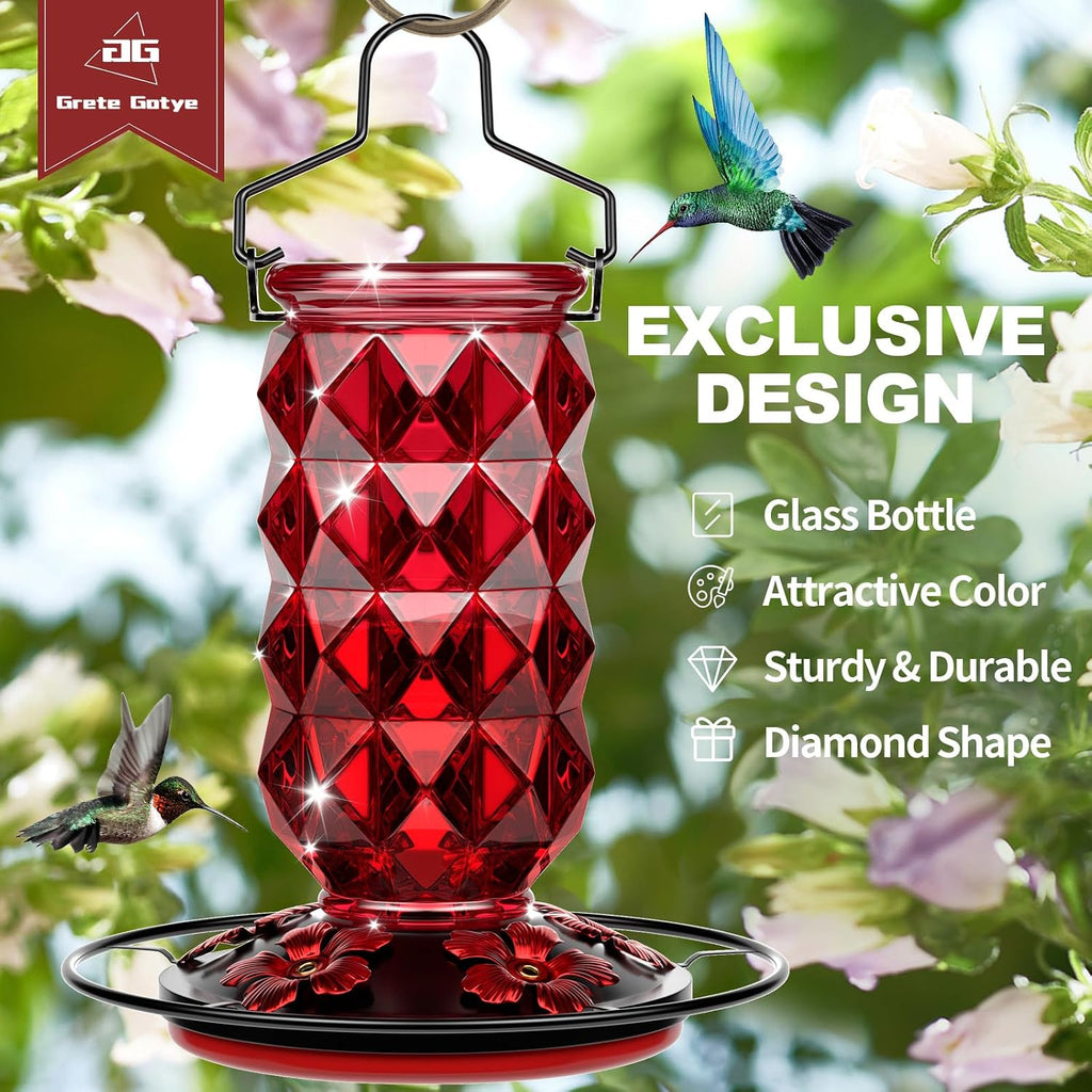 Glass Hummingbird Feeders for Outdoors Hanging, 25Oz Bird Nectar Feeder with Perch & 5 Flower Feeding Ports Leak